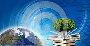 An abstract image of a globe and an open book along with a tree crown with a light bulb base attached to it, forming a hybrid of a