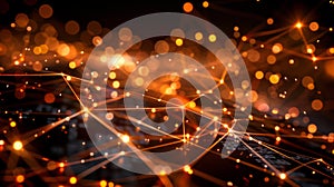 Abstract Tech Network: Glowing Nodes, Data Streams And Golden Bokeh Background