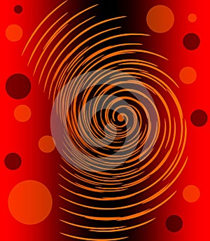 Abstract image with glowing orange spiral and circles on red and black gradient background, fiery infernal emotion