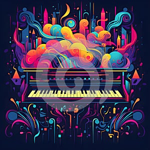 an abstract image of a grand piano that is colorful and bright. Abstract colorful piano keyboard keys as wallpaper background photo