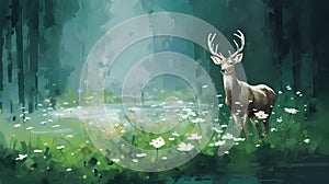 Abstract In Image Of Green, A Deer In A Field Of Flowers