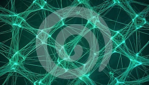 An abstract image of a green, glowing, web-like structure. The web appears to be a network of interconnected lines photo