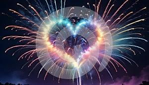 Abstract image of a heart-shaped firework display, with multiple explosions creating a vibrant and romantic composition.