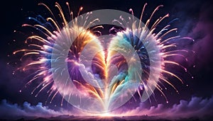 Abstract image of a heart-shaped firework display, with multiple explosions creating a vibrant and romantic composition.