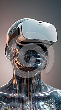 An abstract image of a human face merging with a virtual reality headset