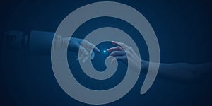 Digital Connection: Human and Robot Hand Touching Light