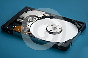 The abstract image of inside of hard disk drive on blue cover background. Concept of data, hardware, and information