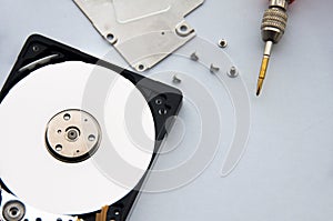 The abstract image of inside of hard disk drive on white cover background. Concept of data, hardware, and information
