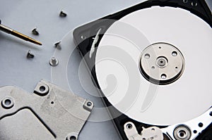 The abstract image of inside of hard disk drive on white cover background. Concept of data, hardware, and information