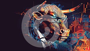 abstract image of investor bull against the background of quotations, stock market concept, bulls and bears