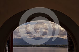 An abstract image of Lake Geneva through a window