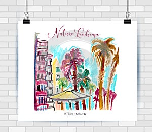 Abstract image of a landscape. Picture with palms. Illustration hand drawn. Poster template. Abstract picture. Sketch.