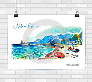 Abstract image of a landscape sea and mountains. Picture with beach. Illustration hand drawn. Poster template. Abstract