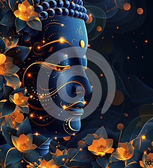 Abstract image of Lord Buddha head in antique blue a nd golden colors and copy space