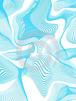 Abstract image made of deformed elements of sound waves. Dynamic motion technologies. Curved blue 3d lines on a white background.