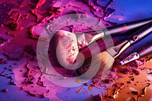 Abstract image of make up brush kit with smashed lipstick. Close up. AI generative
