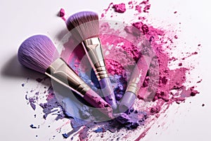 Abstract image of make up brush kit with smashed lipstick. Close up. AI generative