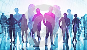 Abstract image of many business people together in group on background of city