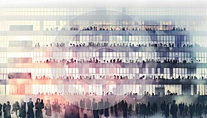 Abstract image of many business people together in group on background of city view with office building. AI generative