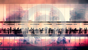 Abstract image of many business people together in group on background of city view with office building. AI generative