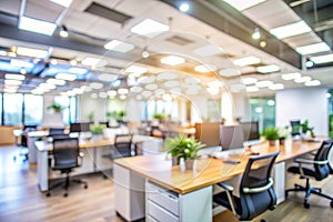 Abstract Blurred Image of Modern Office with Soft Light for Background Usage. Blur Office Workplace Interior Background Design photo