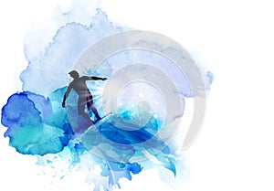 Abstract image of movement, speed and wave. Black silhouette of surfer on the blue watercolor blots background.