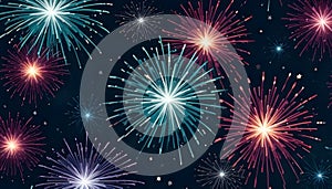 Abstract image of multiple, colorful fireworks exploding in the night sky, creating a bright and festive display.