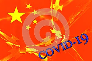 Abstract image of the national flag of China with twisted barbed wire. Concept of isolation. COVID-19