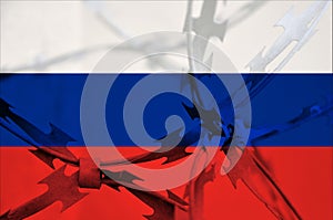 Abstract image of the national flag of Russia with twisted barbed wire