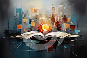 Abstract image of an open book on a desk in a study