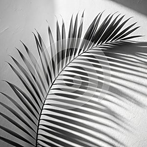 Abstract shadow black white palm leaf shadow on a white wall Background. Blank copy space photo