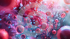 An abstract image of red cells and oxygen molecules colliding in a chaotic dance. The cells appear as red and pink orbs photo