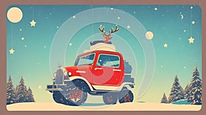 Abstract image of red santa claus pickup truck with reindeer on the roof running in the snow background. Generative AI