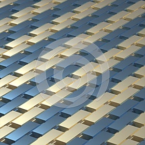 Abstract image of a rhythmic pattern of blue and gold rectangles at an angle 3D image