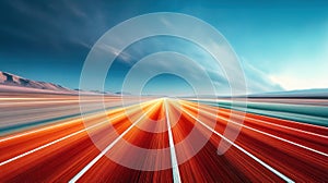 An abstract image of a road with motion blur, set against a bright blue sky.