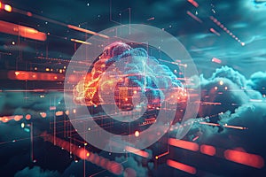 An abstract image showcasing the concept of cloud computing with digital elements representing data processing and AI