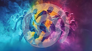Abstract image showing silhouettes of athletes in various sports in motion, over a vibrant multicolored smoke background photo