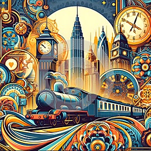 abstract image of skyscaper backdrop with vintage trains, clock hands,cityscape and golden moon.