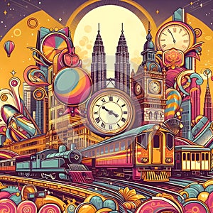 abstract image of skyscaper backdrop with vintage trains, clock hands,cityscape and golden moon.