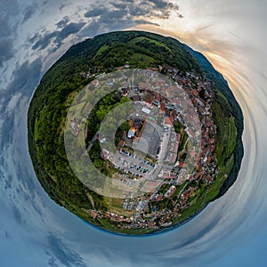 Abstract image of a small planet. Taken from the drone. Circular panorama