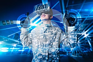 The abstract image of the soldier use a VR glasses for combat simulation training overlay with the hologram. photo