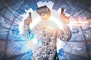 The abstract image of the soldier use a VR glasses for combat simulation training overlay with the polar coordinates city image