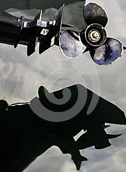 Abstract image of speed boat propellor and it`s reflection in the water,Perast,Montenegro