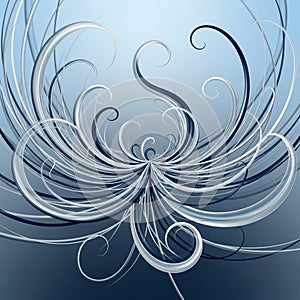 Abstract image with swirling, curving lines on a blue gradient background. The lines,