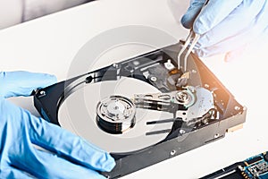 The abstract image of the technician repairing inside of hard disk drive by screwdriver in the lab. the concept of data, hardware,