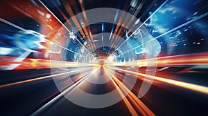 Abstract image of a tunnel with light trails, AI