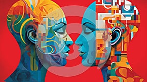 Abstract image of two heads facing each other on red background
