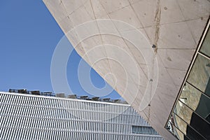 Abstract image of two modern buildings - modern architecture. Close up shot of the Casa da Musica do Porto Porto Music House. photo