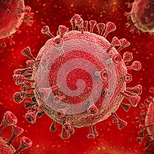 Abstract image of virus cells under a microscope in the blood. Coronavirus pandemic.