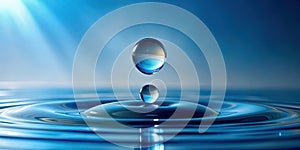 Abstract image of water droplets falling into a still blue surface creating concentric ripples. Generative AI